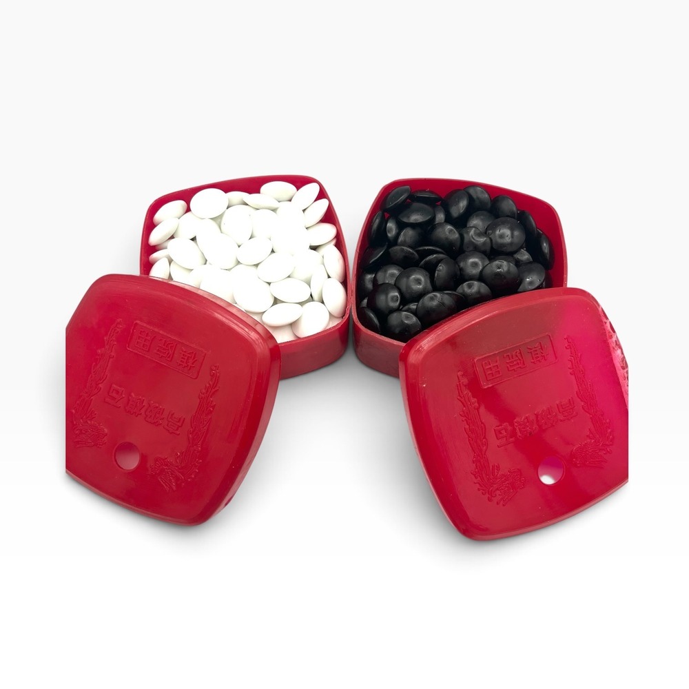 Vintage Go Game Baduk Stones Set with Red Dragon Embossed Cases and Original Box